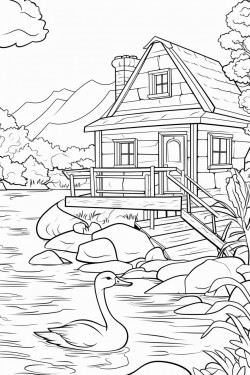 a duck in switzerland landscape with a quaint stone house surrounded by flowers wooden dock extending into a lake