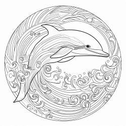 simple dophin fish over waves 16 colors 100 curved segments bold black lines no details no grayscale no shadows coloring page coloring page