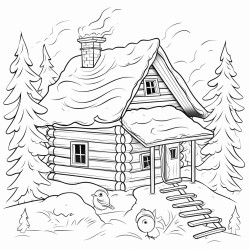 a cozy christmas cabin in the woods with snow on the roof smoke curling from the chimney owls with tiny scarves is perched on the rooftop in front of the cabin theres a wooden fence covered in snow and decorated with red ribbons