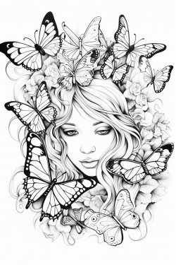 young girl with butterfly wings and butterflies surrounding her