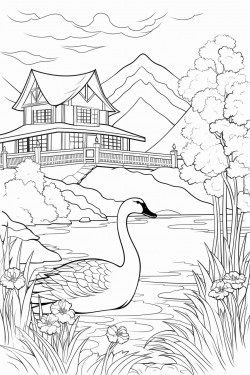 a geese in switzerland landscape with a quaint stone house surrounded by flowers and a cypress tree