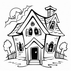 a spooky but not too scary haunted house with bats flying around and a ghost peeking out of a window