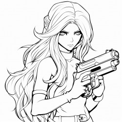 a beautiful chick with long hair holding a gun