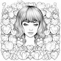 a young girl with bangs and and close eyes surrounded by seven hearts