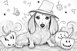 mini dachshund dressed as a witch carving a pumpkin