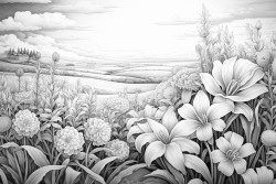 purple field of flowers with blue sky and close