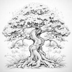 tree highly detailed black outline zen theme floral elements no grayscale epic illustration masterpiece