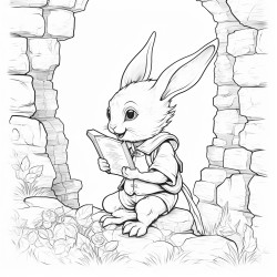 elf with book looks quizzical stone wall rabbit