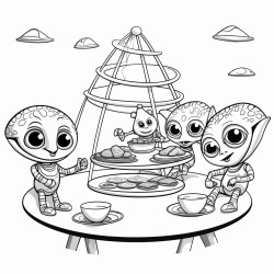 a group of aliens having a tea party on a flying saucer surrounded by snacks