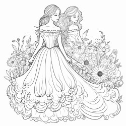 a thin bride and a curvy bride in a field of flowers