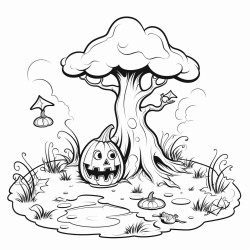 a simple spooky autumn forest with one large tree in the center that has a honeypot floating near it