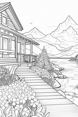 switzerland landscape with a quaint stone house surrounded by flowers wooden dock extending into a lake