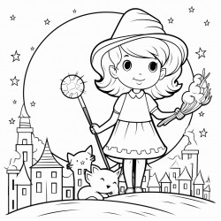 a little witch in a big city with the stars and moon out she has a broom and a white cat
