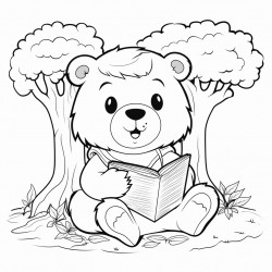 a bear sitting under a tree reading a book