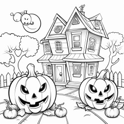 halloween pumpkins smiling in front of a house