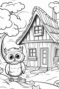 a owl on a tree branch in background switzerland landscape with a quaint stone house surrounded by flowers