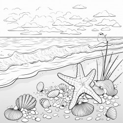 ocean calm  a beach scene with gentle waves and seashells on the shore