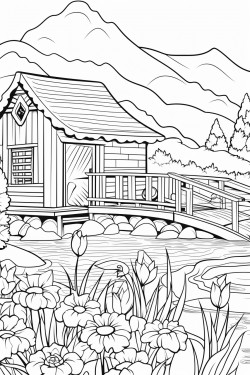 a duck in switzerland landscape with a quaint stone house surrounded by flowers wooden dock extending into a lake