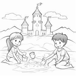 des enfants qui jouent  la plage avec divers jouets et un chateau de sable