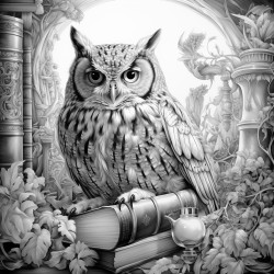 mago con gato y buho en habitacion con libros y artefactos de magia