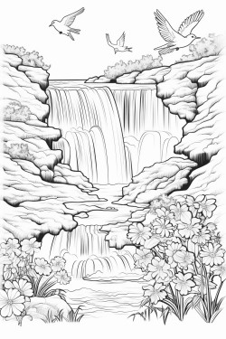 a waterfall surrounded by flowers butterflies and beautiful birds on a sunnyday