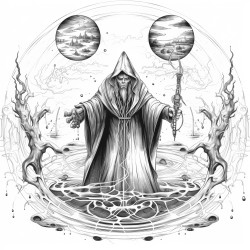 a sorcerer with a staff summoning dark magic in a ritual circle