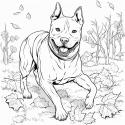 a pitbull running through a yard with heavy foliage