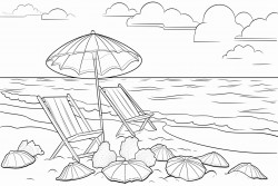 a beach scene including beach umbrellas and shells