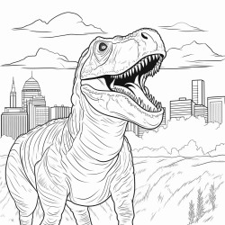 coloring page for kids ages 812 thick lines no shadings no colors big scary trex looking away to the city