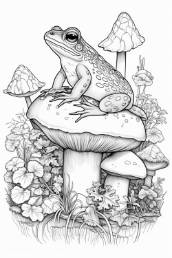 a frog sitting on a mushroom at the edge of a garden pond