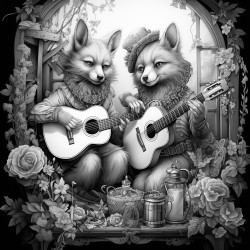 fox playing guitar in a magical forest two girl best friends in a room col