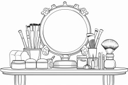 a chic vanity with an elegant mirror surrounded by makeup brushes foundations eyeshadow palettes and lipstick tubes
