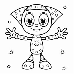 polka dotted alien with three orange eyes a green body 2 arms with 4 fingers 2 legs and short stuck at an airport