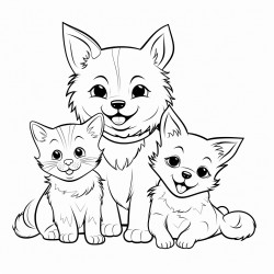 cat which play with a two dogs