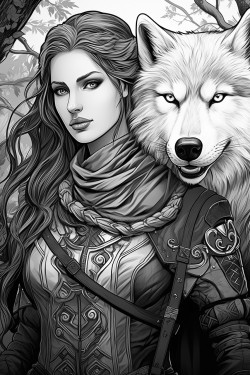 female elf ranger in leather armour with magical bow also has a wolf companion