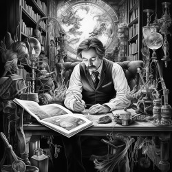 magician reading book in a room with magic things