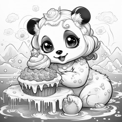 teenage panda with long eyelashes wearing a princess tiara eating a large ice cream cone on the beach