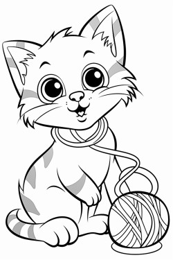 a tabby cat playing with a yarn ball