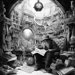 magician reading book in a room with magic things