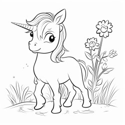 christmas theme a cute unicorn standing with some grass plants and some flowers on ground