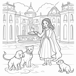 a scene of the princess playing with her cat and dog in the palace courtyard