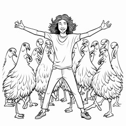 a young man with long hair surrounded by dancing ostriches