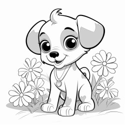 bolt and simpel black and wite coloring page of cute puppy sarounded by flowers clipart style