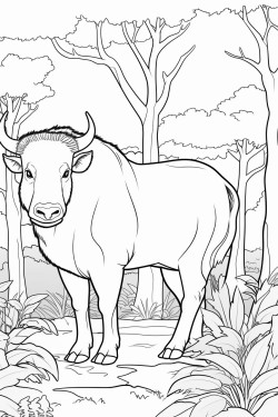 a tamaraw buffalo standing in a clearing in a forest with tall trees and shrubs around it