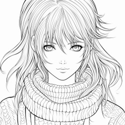 anime girl with brown hair and blue eyes wearing a sweater