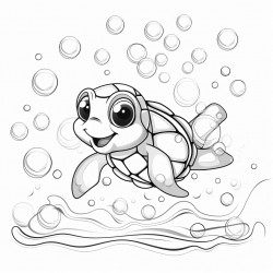 happy little sea turtle swimming among bubbles