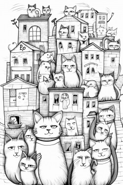 a cat town with cats dressed and acting like humans