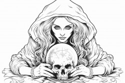 an evil witch reading her crystal ball