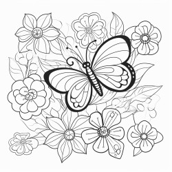 create a coloring page with clear thin line art and no shading or filled areas include patterns of pansies and caterpillars