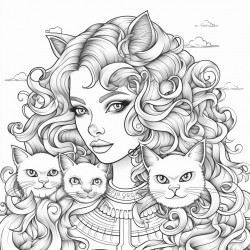 cartoon girl with wavy hairs and two sphinx cats